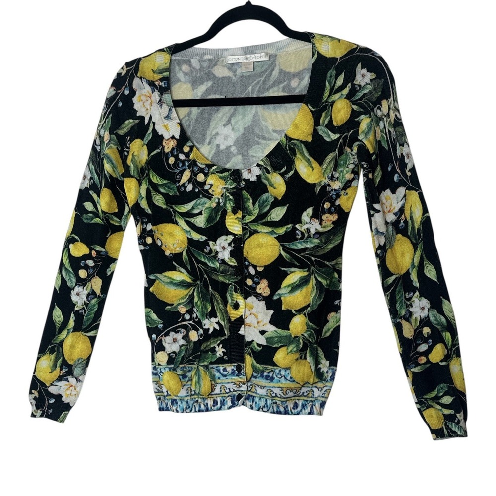 Boston Proper Cardigan‎ Sweater Top Women's XXS Lemons Summer Crop Stretch